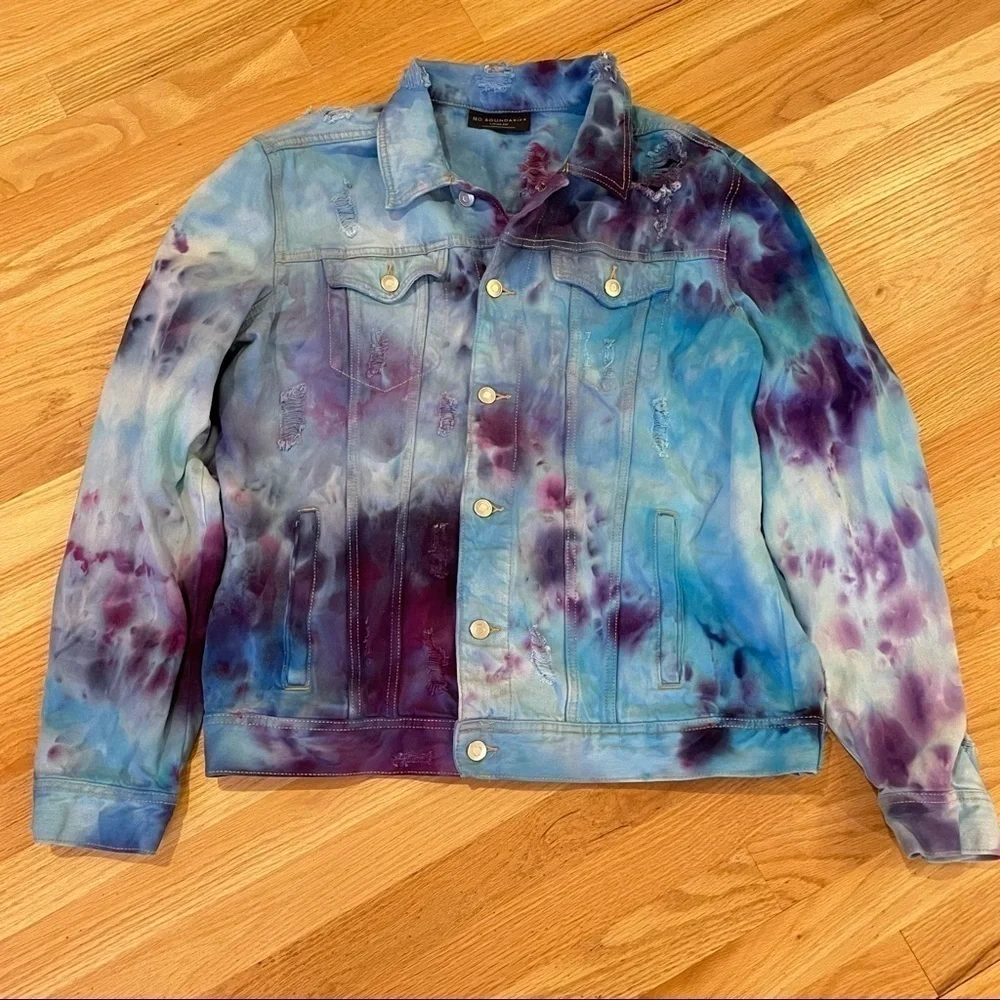 Tie dyed jean jacket distressed blue purple galaxy underwater size L - Picture 2 of 12
